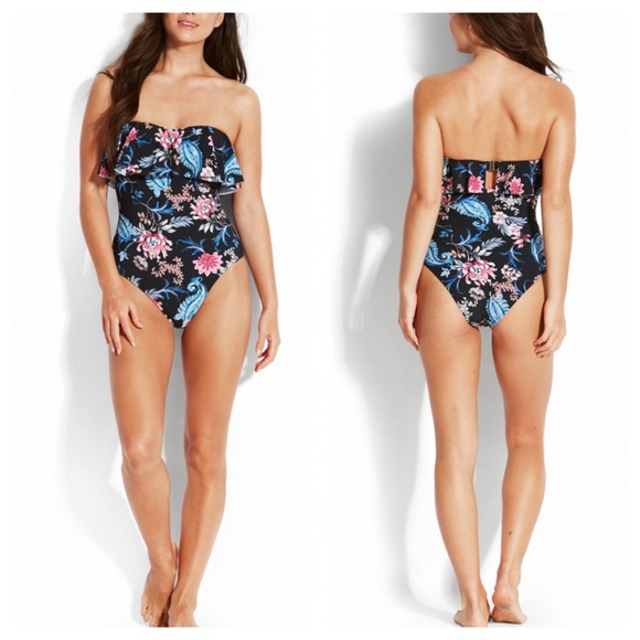 NEW Seafolly Sz 4 Winter Garden C/D Cup Bandeau One Piece Swimsuit Floral Black - Picture 12 of 15